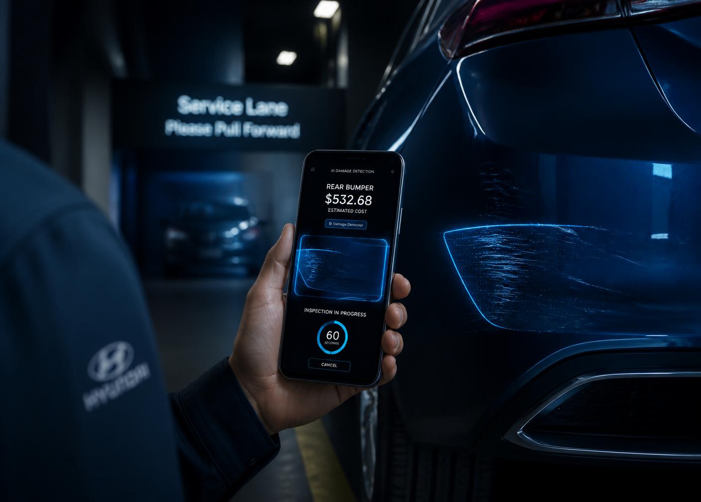 V60PRO running an AI damage estimate on a phone in the service lane
